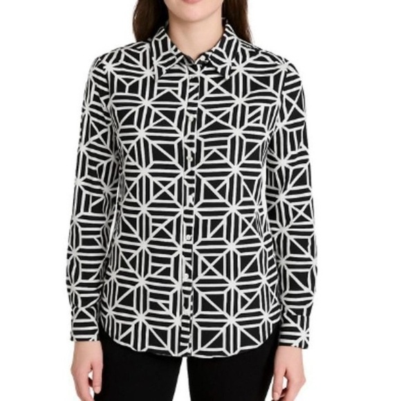 Banana Republic| Black & White Geometric Buttoned Long Sleeve Blouse Top Sz S - Picture 6 of 6